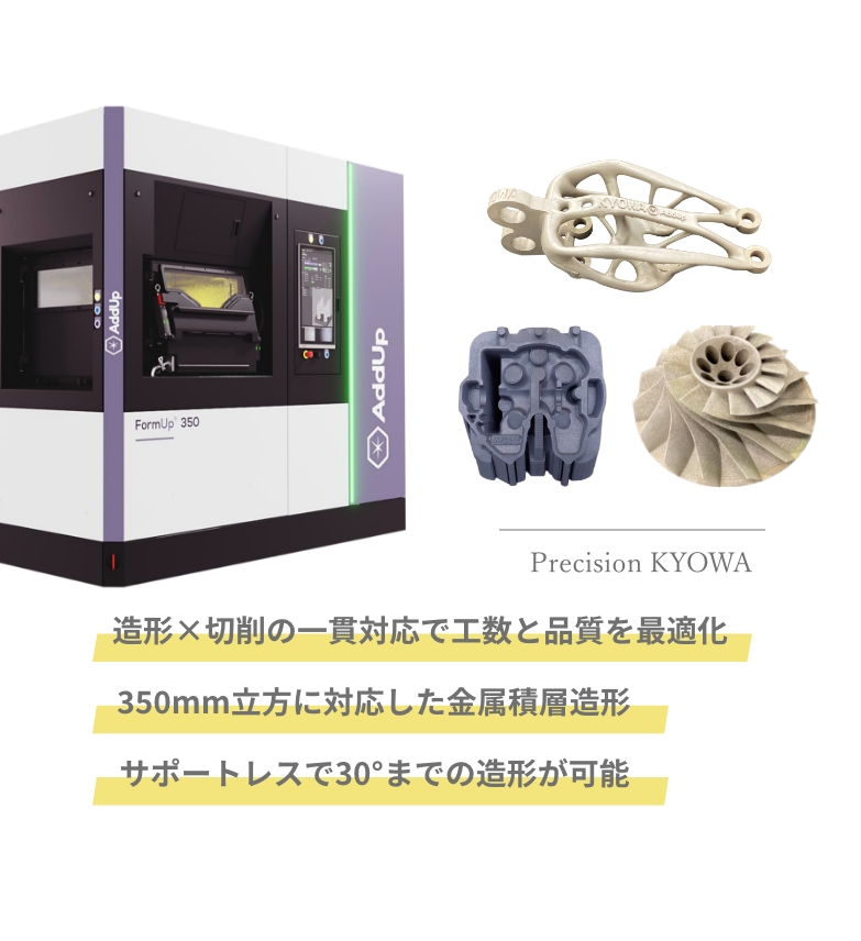造形×切削の一貫対応で工数と品質を最適化造形×切削の一貫対応で工数と品質を最適化 350mm立方に対応した金属積層造形 サポートレスで30°までの造形が可能